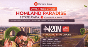 10 Powerful Ways of Buying Land in Anambra State Homland Paradise Estate Awka banner advertising 600 sqm land for ₦20M at Aguaba GRA Awka with ₦6M initial deposit and nearby landmarks. 10 powerful ways of buying land Anambra state