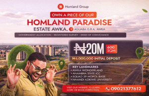 10 Powerful Ways of Buying Land in Anambra State Homland Paradise Estate Awka banner advertising 600 sqm land for ₦20M at Aguaba GRA Awka with ₦6M initial deposit and nearby landmarks. 10 powerful ways of buying land Anambra state